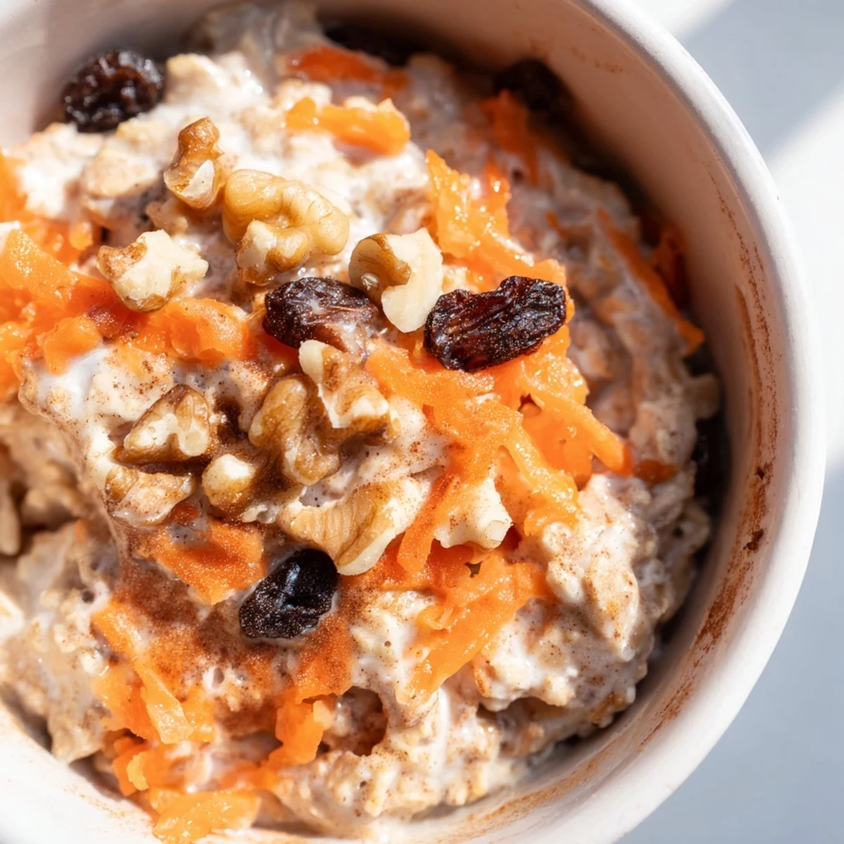 Creamy carrot cake overnight oats topped with chopped walnuts in a glass jar