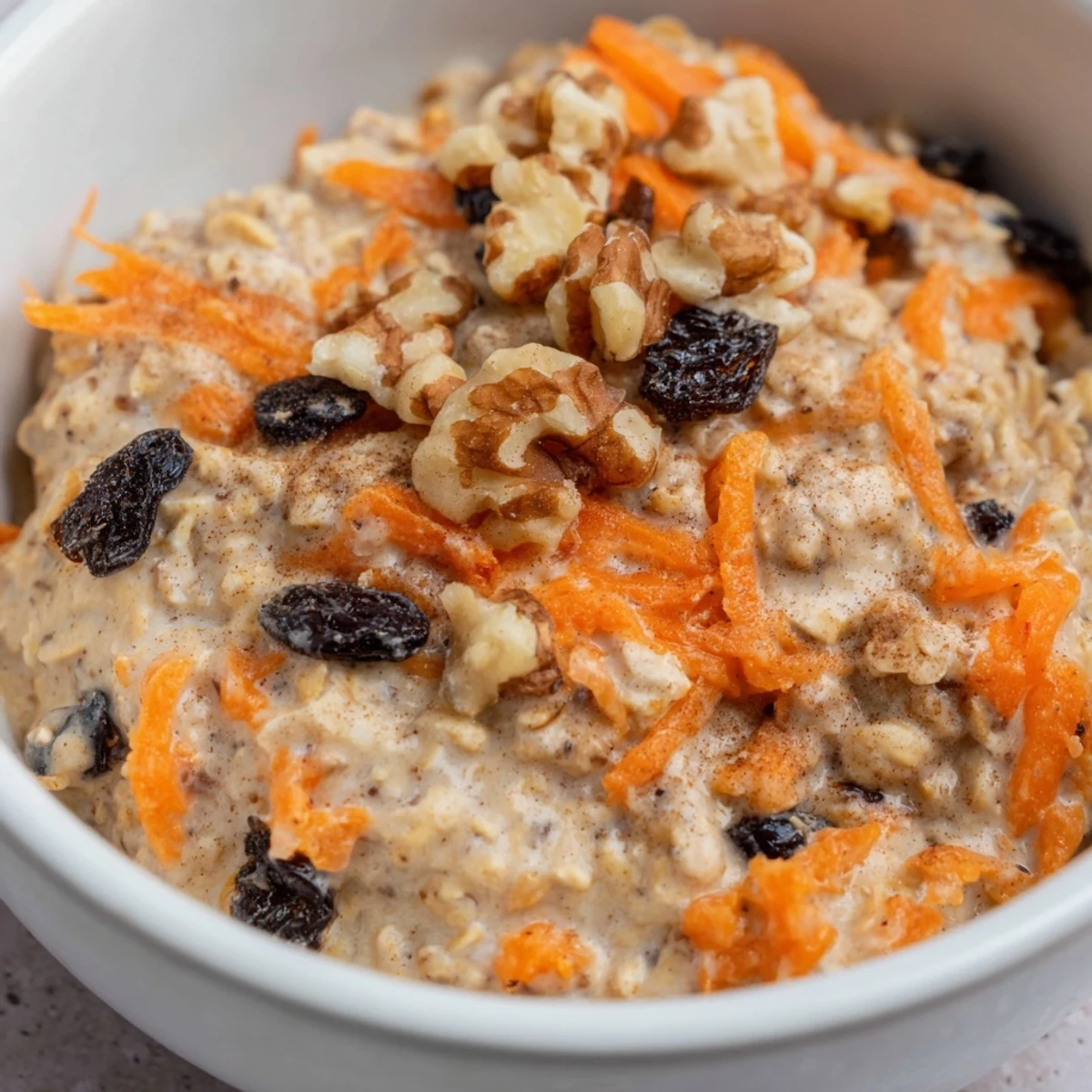 Carrot cake overnight oats with grated carrots, raisins, and a cinnamon sprinkle