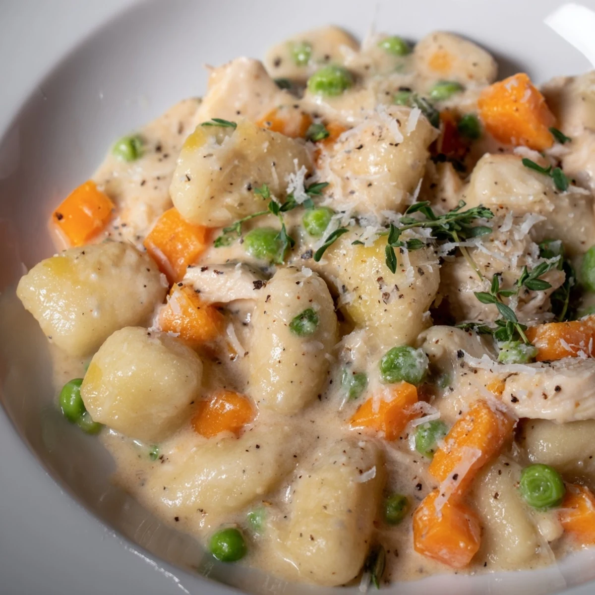 One pot gnocchi chicken pot pie in creamy sauce with tender vegetables and golden garnish