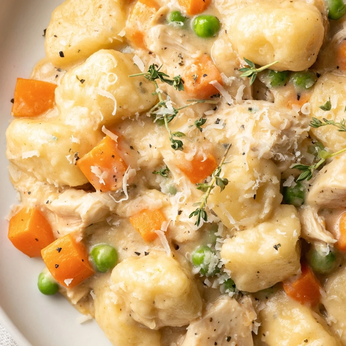 Creamy one pot gnocchi chicken pot pie topped with fresh parsley and melted Parmesan