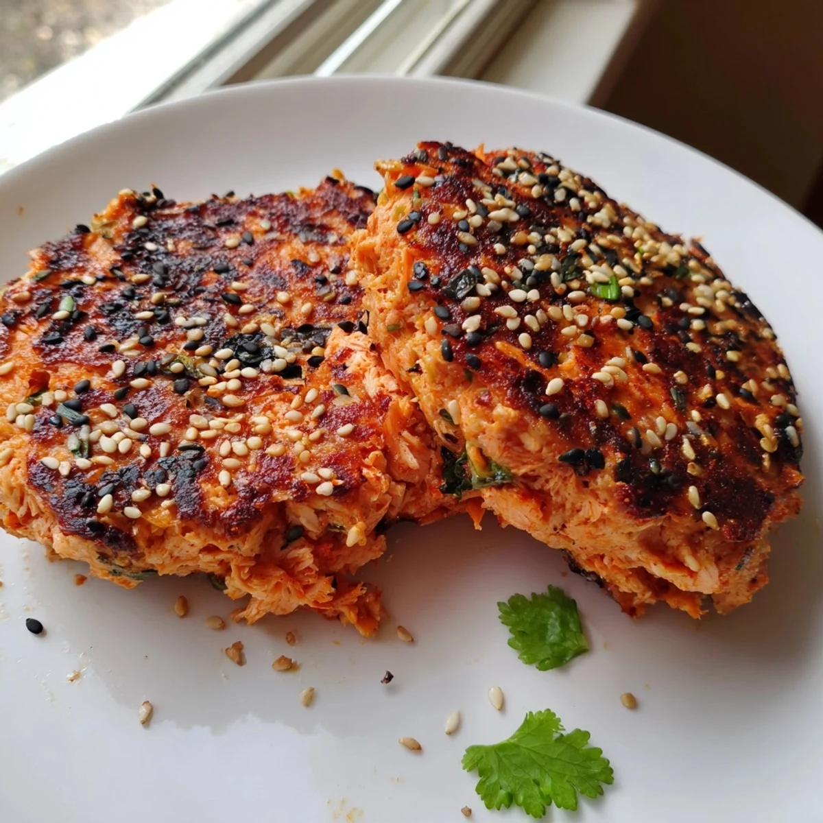 Crispy golden Harissa Sesame Salmon Patties sizzling in skillet with toasted sesame seed garnish