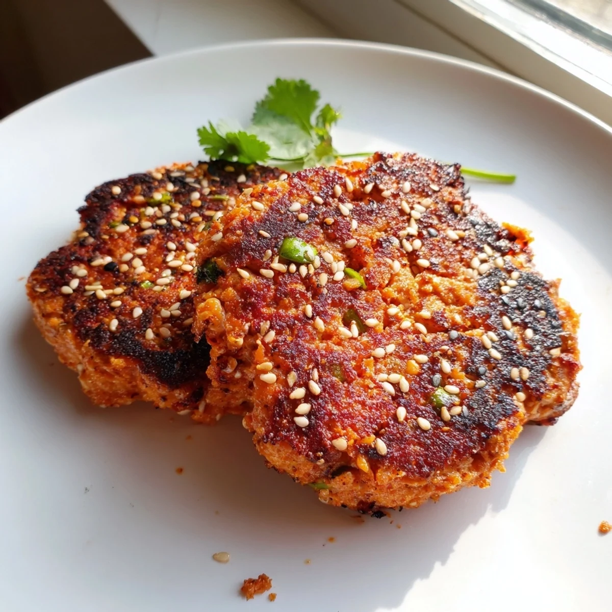 Harissa Sesame Salmon Patties served on white plate with fresh cilantro and lemon wedges