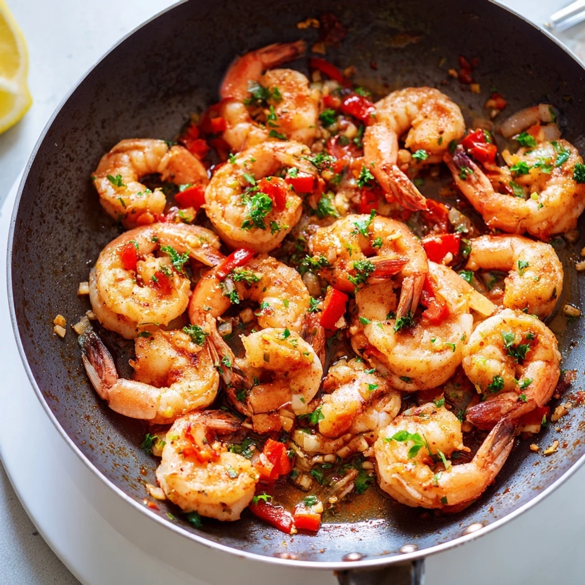 Golden Garlic Paprika Shrimp Skillet sizzling in pan with vibrant red bell pepper pieces