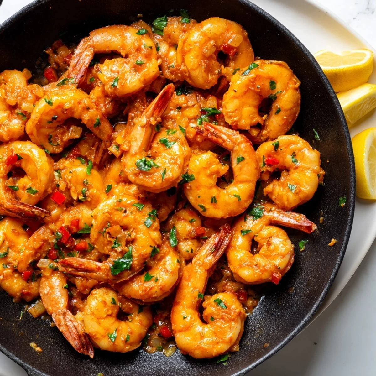 Succulent pink shrimp glazed in smoky garlic paprika sauce garnished with fresh parsley
