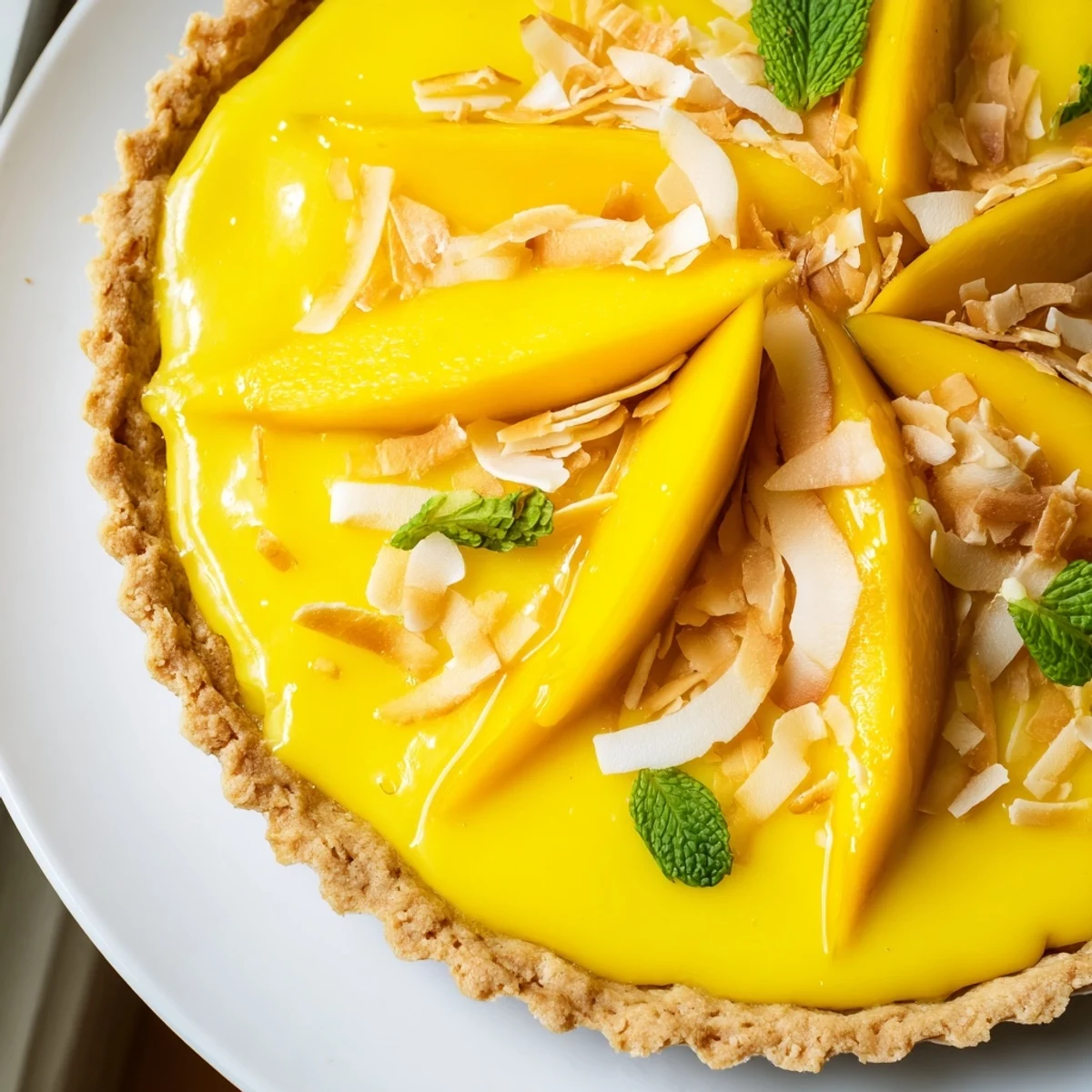 Golden mango curd tart slice on decorative plate with fresh mint garnish