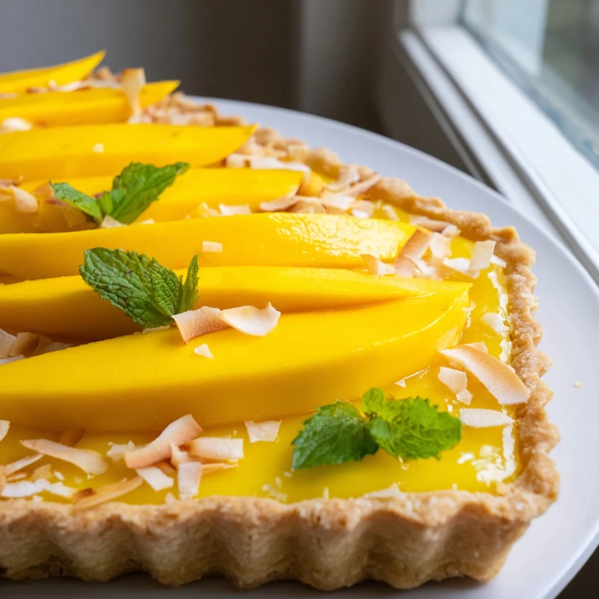 Silky mango curd tart in buttery golden crust topped with tropical fruit