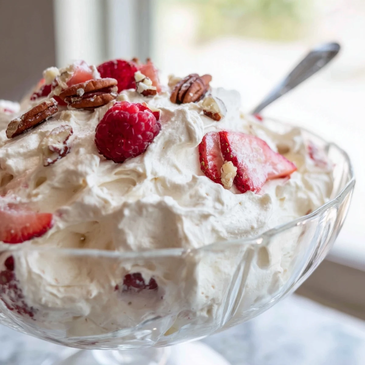 Creamy keto cheesecake fluff spooned into glasses topped with fresh red berries and chopped nuts