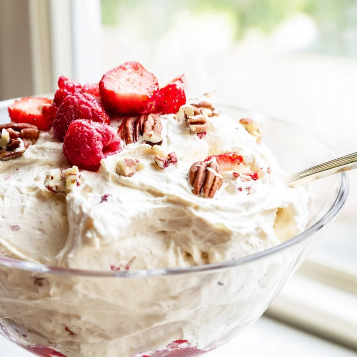 Light and airy keto cheesecake fluff in a bowl garnished with juicy strawberries and pecans