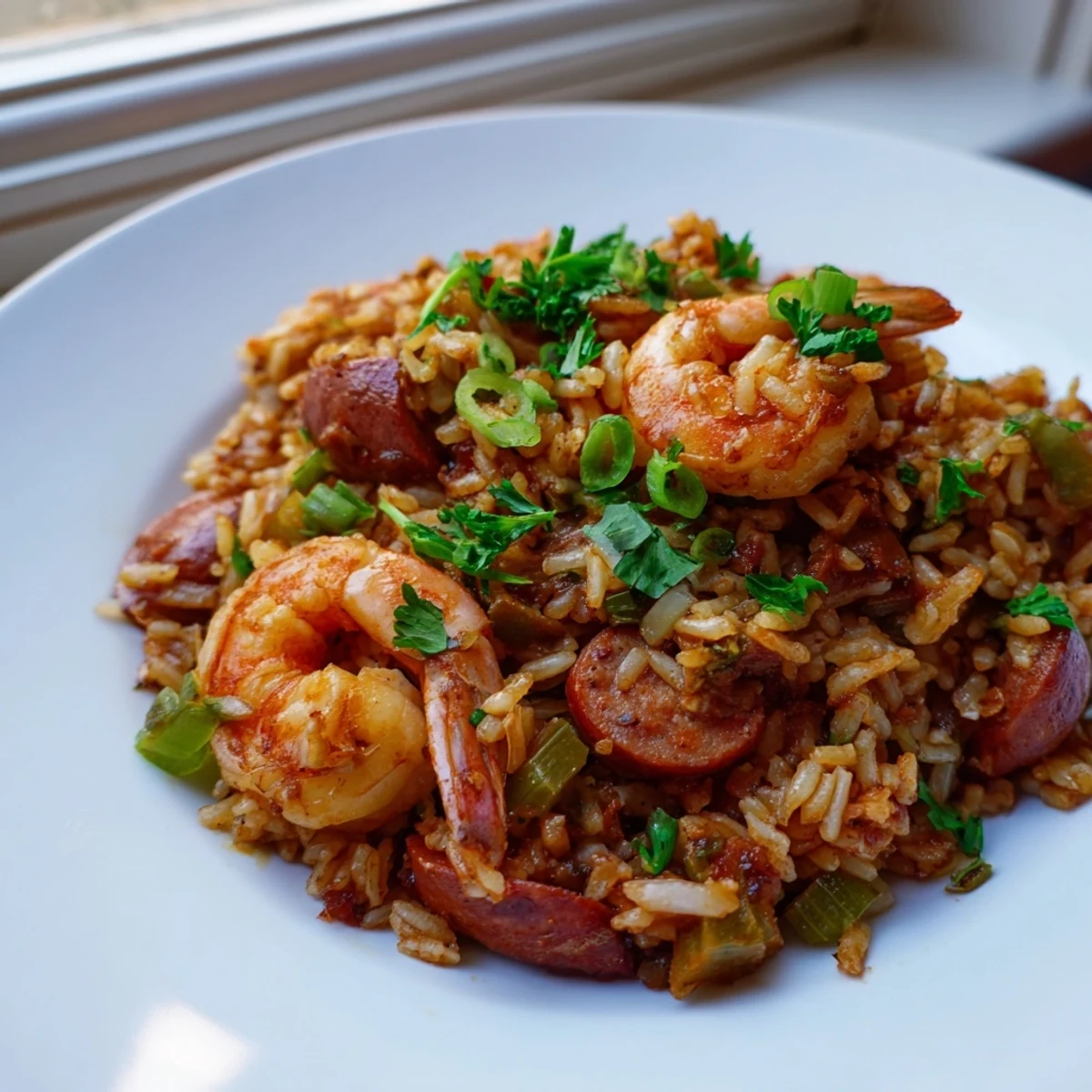 Golden shrimp and sausage dirty rice garnished with scallions in a cast iron skillet
