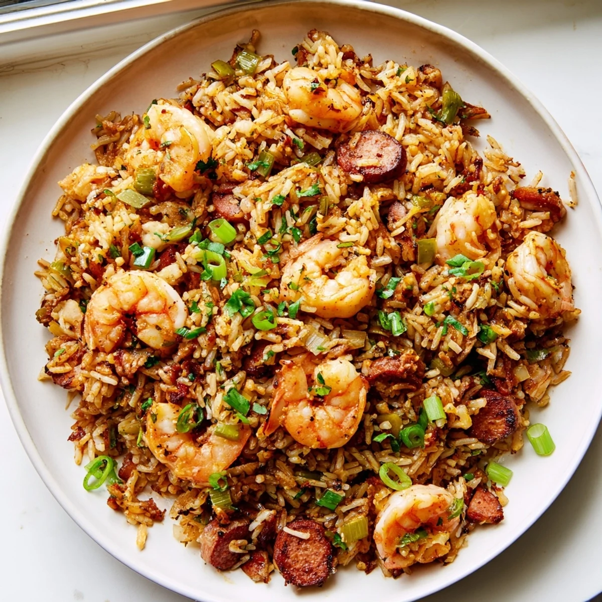 Spicy shrimp and sausage dirty rice steaming in a rustic Dutch oven serving dish