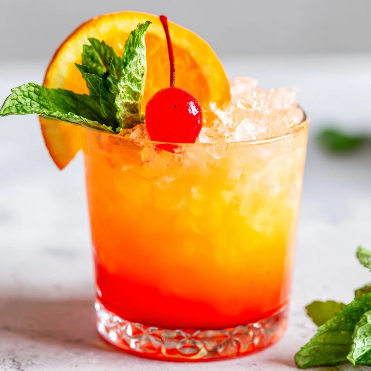 A non alcoholic mai tai mocktail with layered grenadine and tropical fruit garnishes