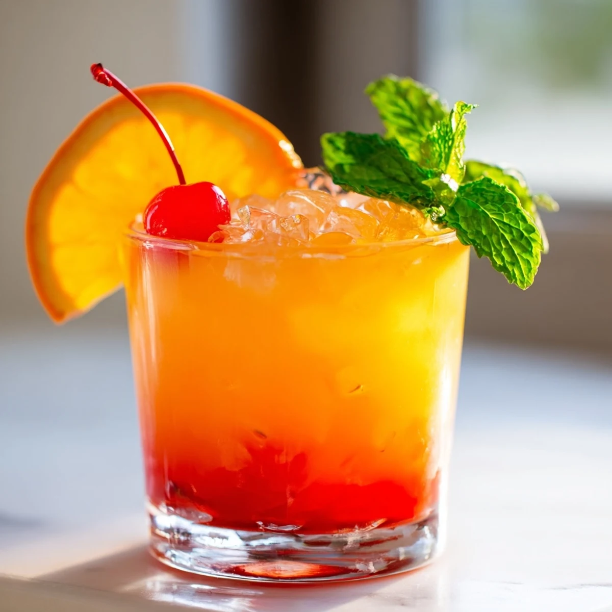 Refreshing non alcoholic mai tai in crushed ice glasses topped with orange and cherry