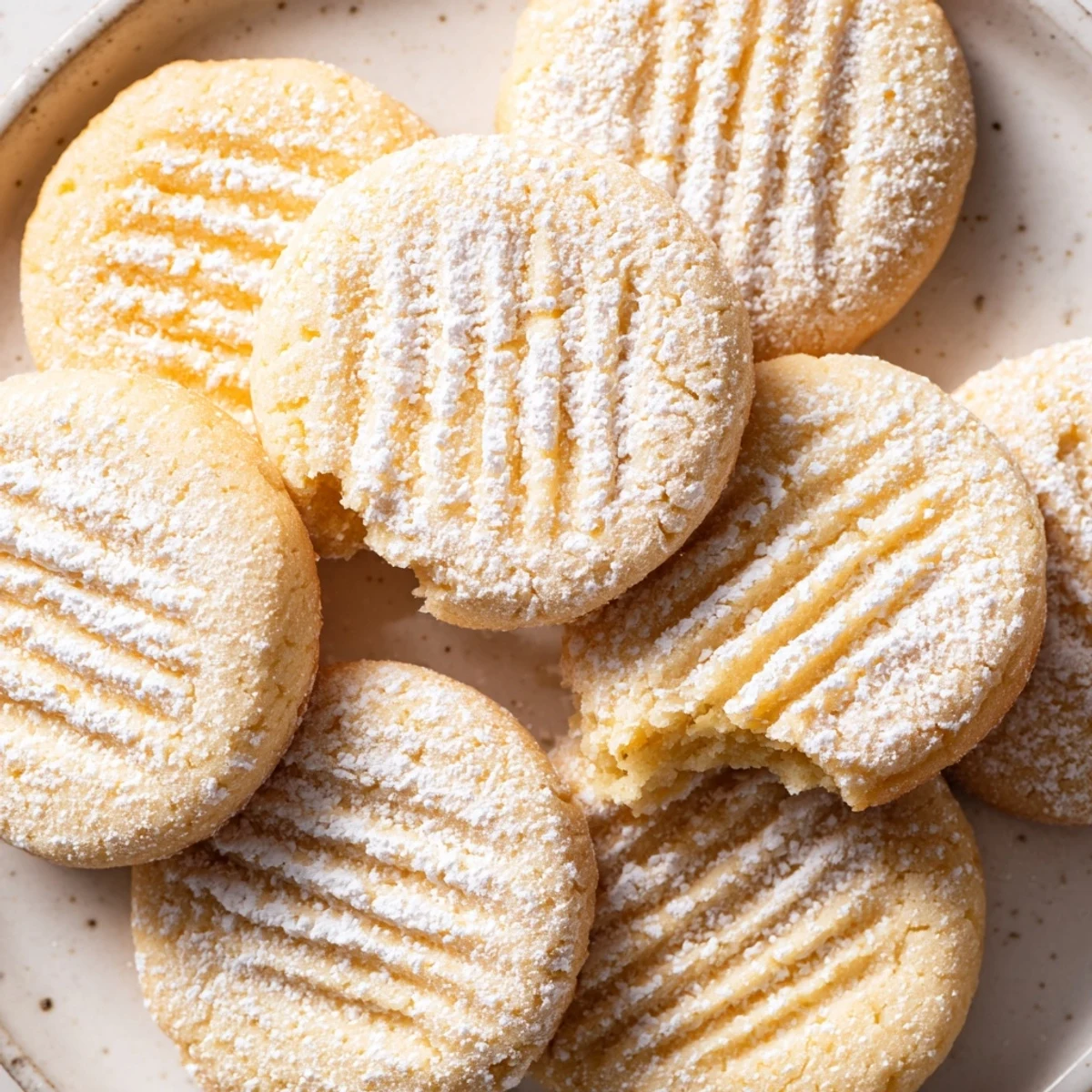 Golden Grandma's Secret Butter Cookies dusted with powdered sugar on a rustic wooden board