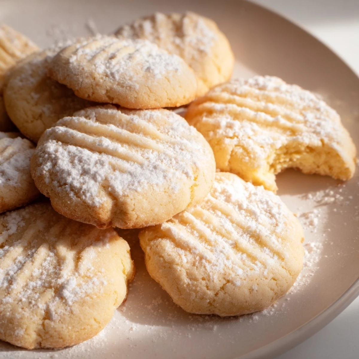 A plate of warm Grandma's Secret Butter Cookies served beside a steaming cup of tea