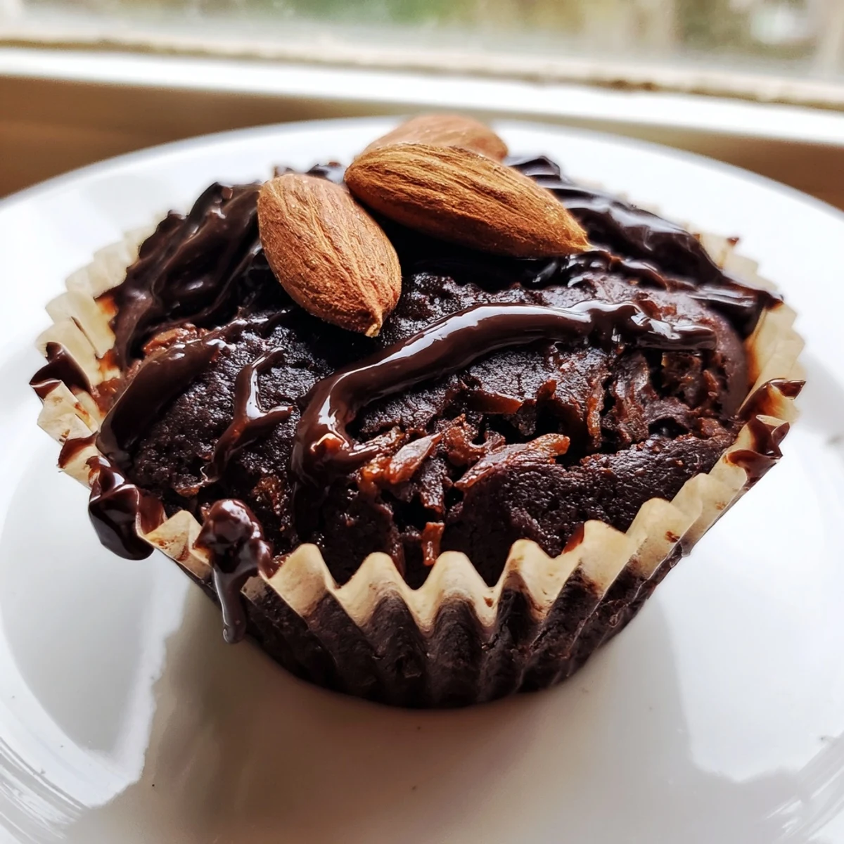 Rich Flourless Almond Joy Cupcakes topped with melted chocolate drizzle and roasted almonds on a rustic cooling rack