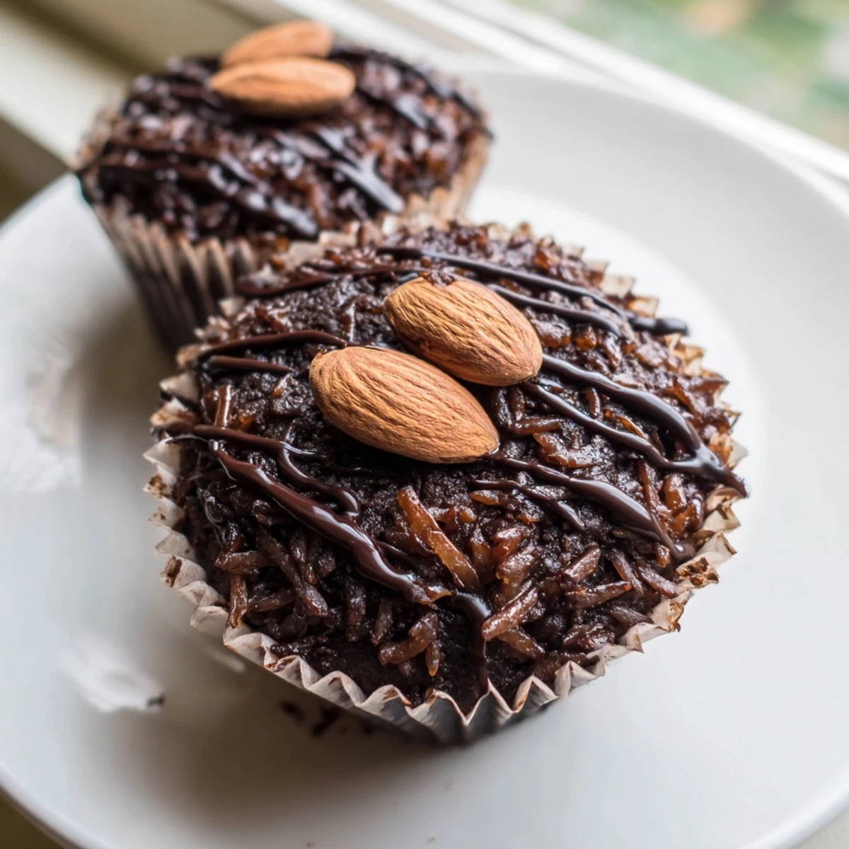 Decadent Flourless Almond Joy Cupcakes with gooey coconut centers, dusted with cocoa and served on a white plate