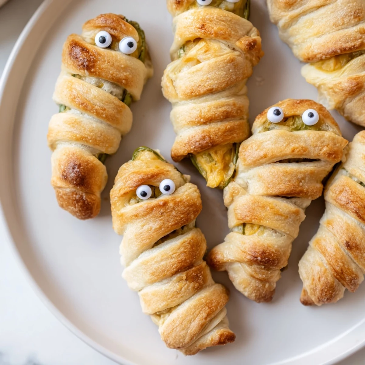 Crispy golden Mummy Jalapeno Poppers with melted cheese oozing from flaky crescent dough bandages.