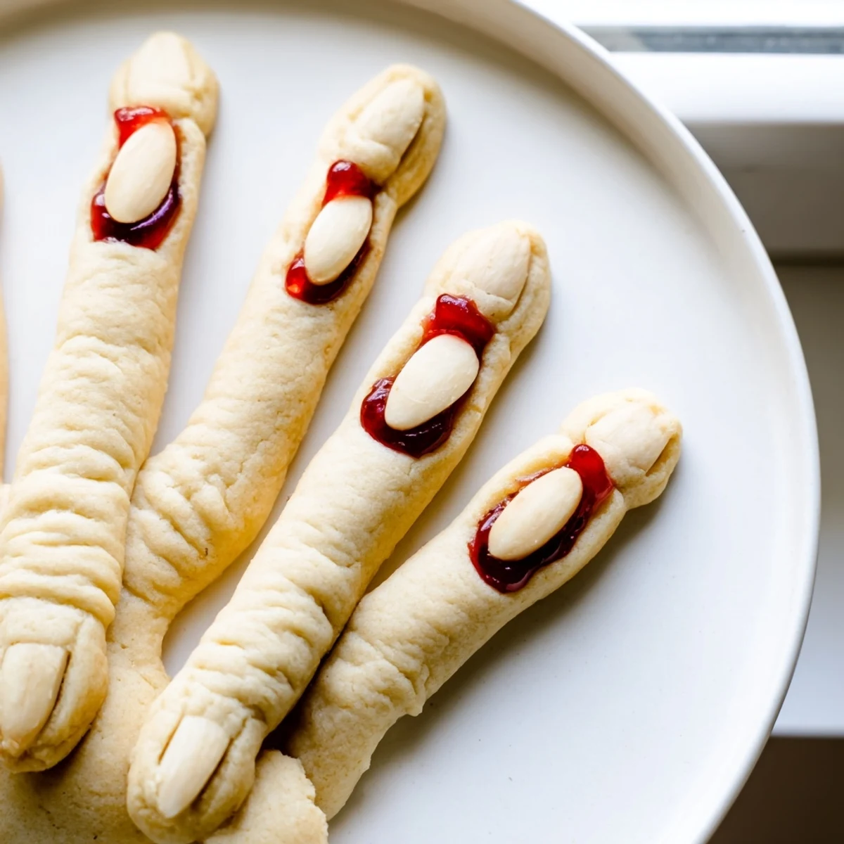 Creepy Witch Finger Cookies with bloody almond nails on a rustic baking sheet