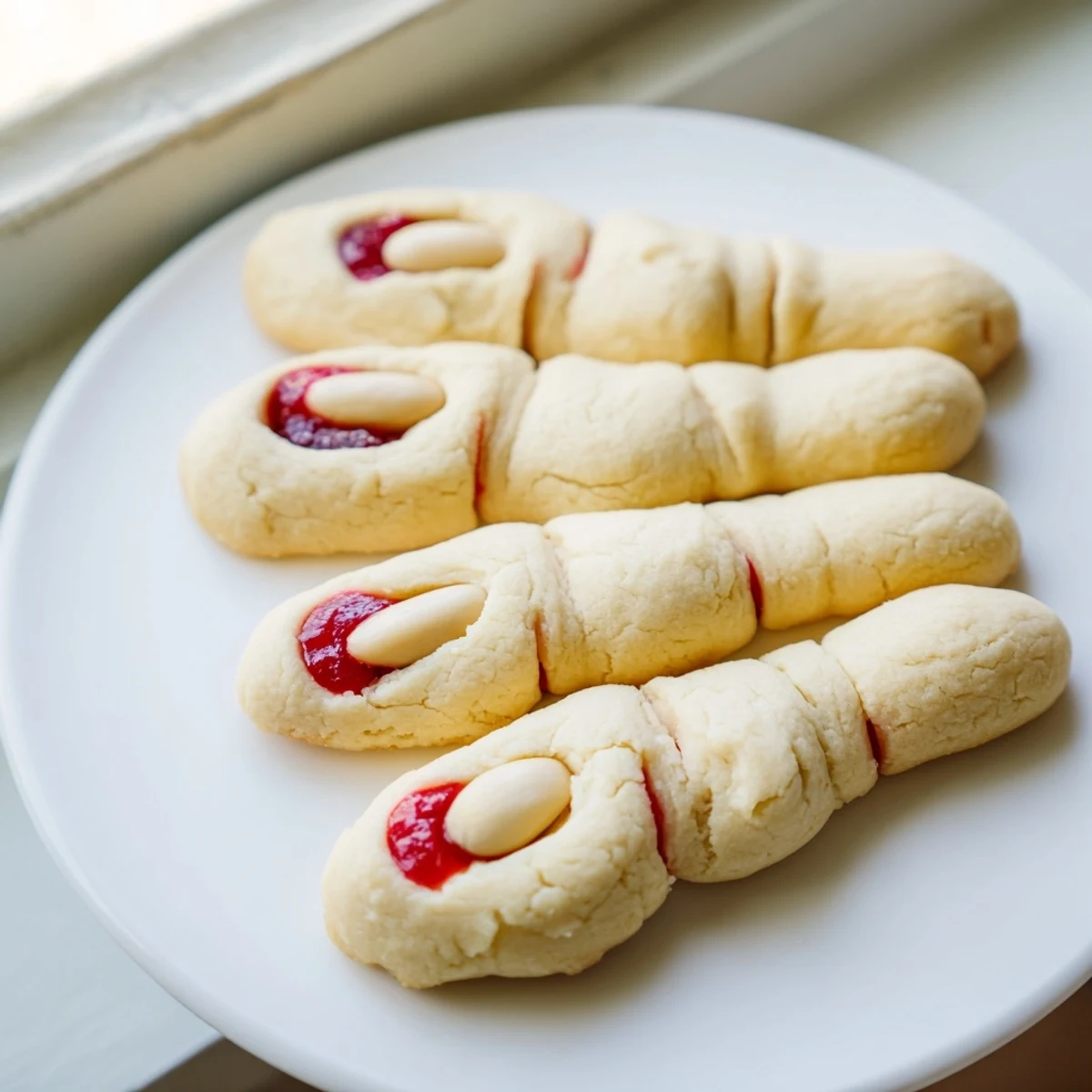 Golden Creepy Witch Finger Cookies arranged on a spooky Halloween dessert platter
