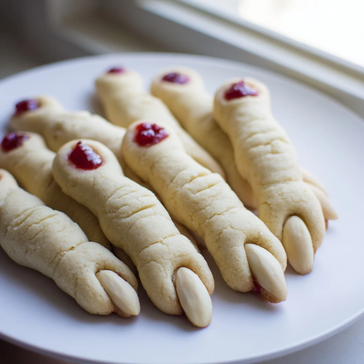 Close-up of Creepy Witch Finger Cookies with red jam dripping from knuckles