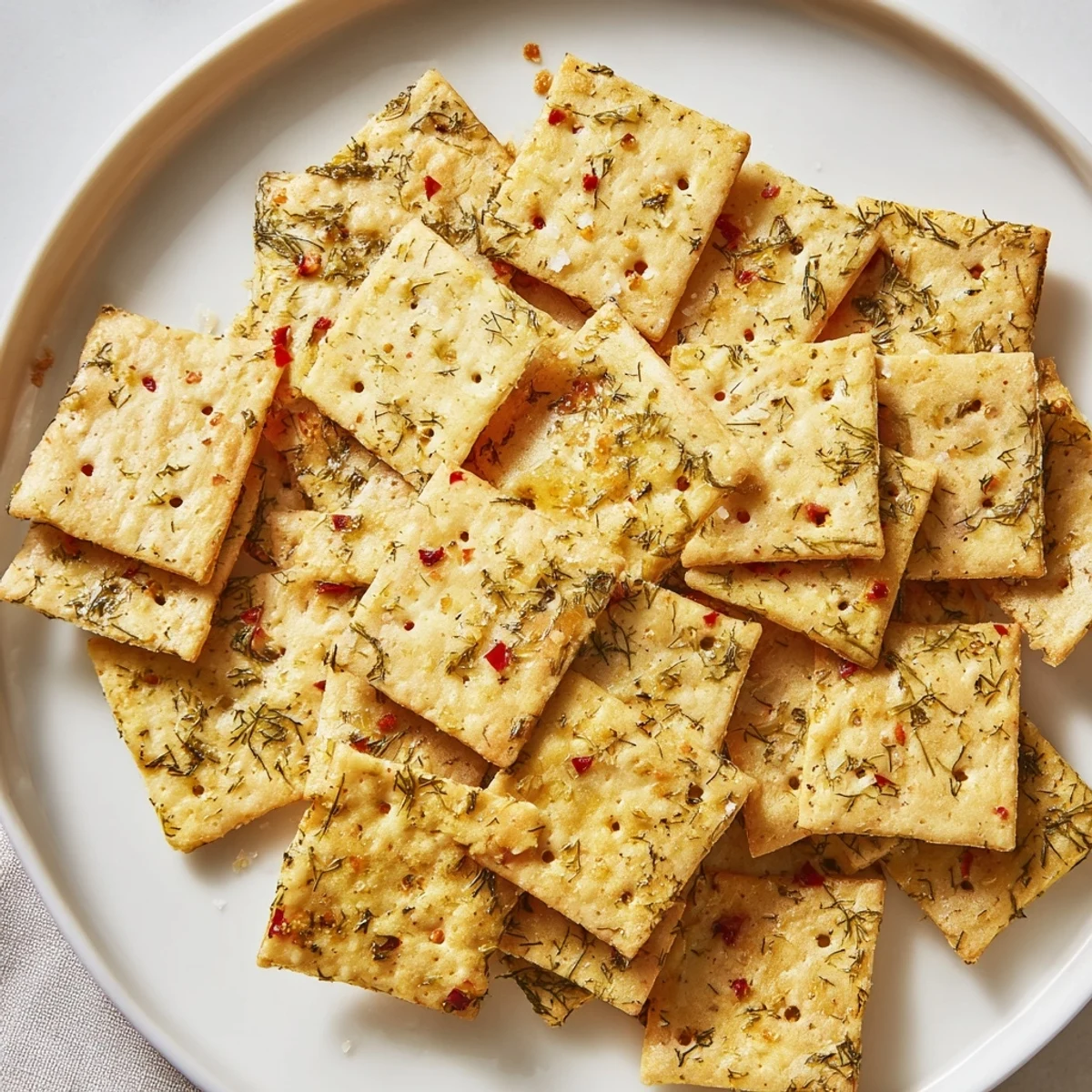 Crispy Dill Pickle Saltines brushed with herbed butter and baked until perfectly crunchy and golden.