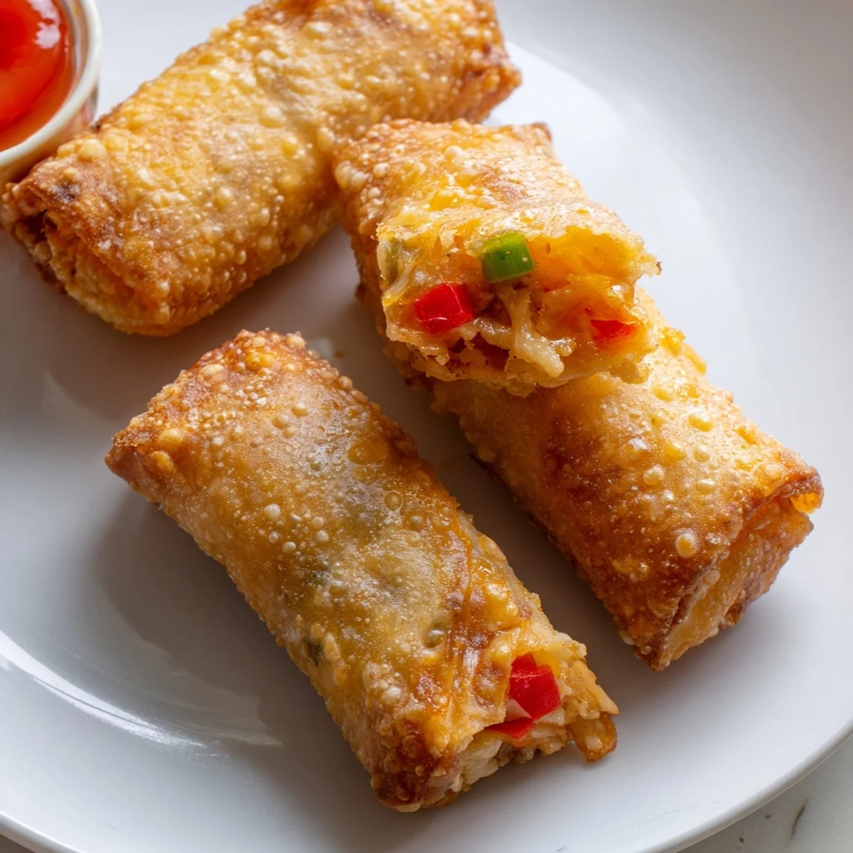 Golden crispy voodoo egg rolls stacked on a platter with spicy dipping sauce nearby