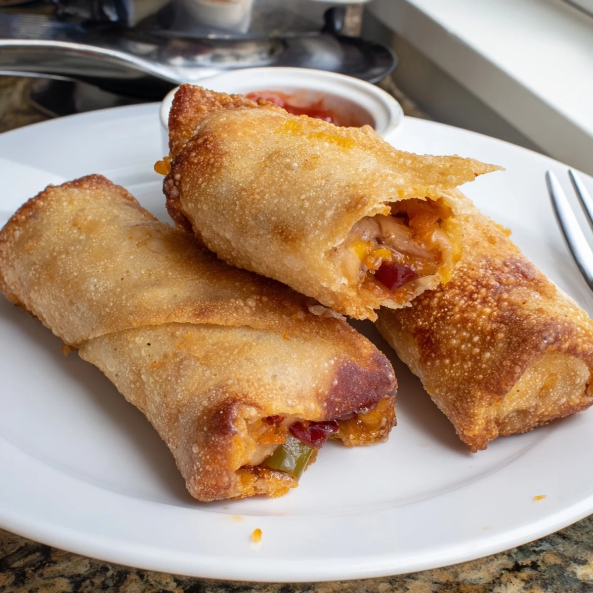 Crispy fried voodoo egg rolls cut open revealing savory Cajun sausage and pepper filling