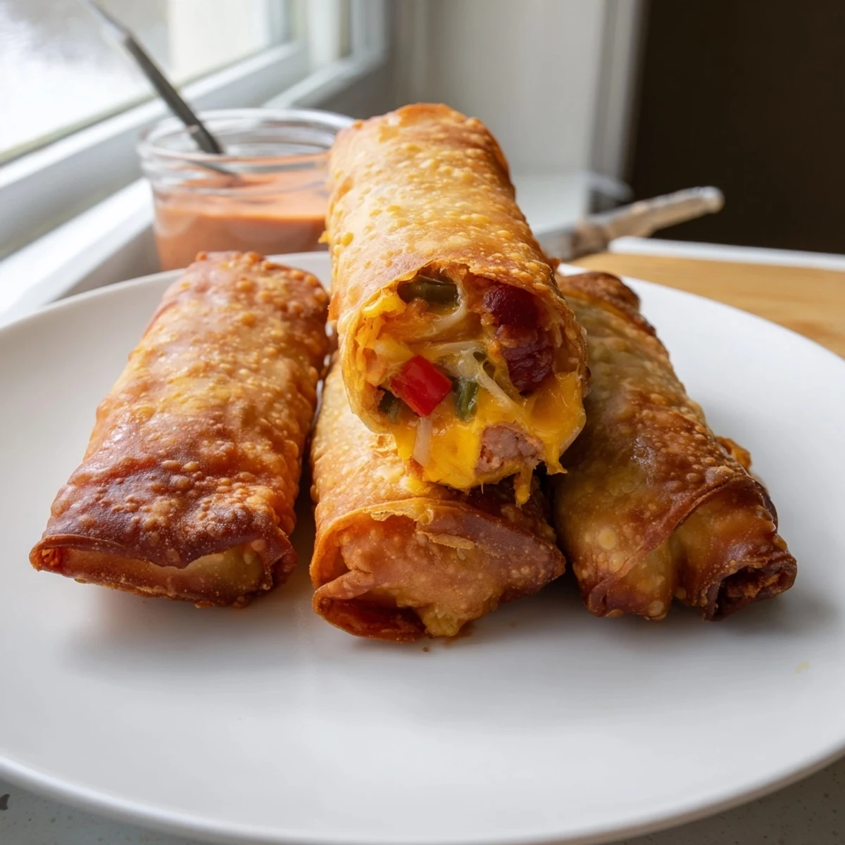 Hot voodoo egg rolls served on rustic parchment with remoulade sauce for casual dipping