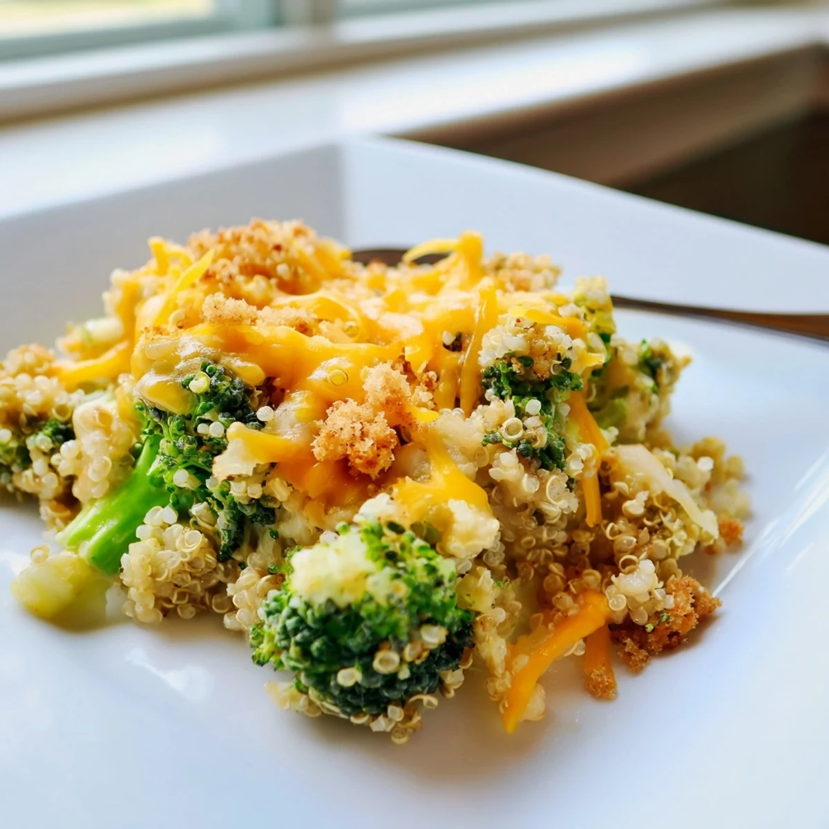 Tender broccoli and fluffy quinoa nestled in rich cheddar sauce sprinkled with breadcrumbs