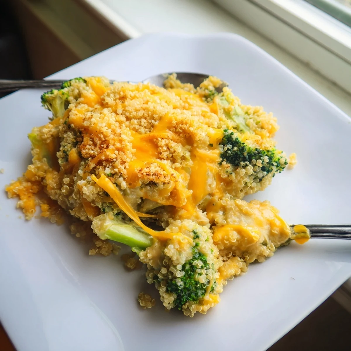 A generous scoop of creamy broccoli quinoa casserole served warm on a dinner plate