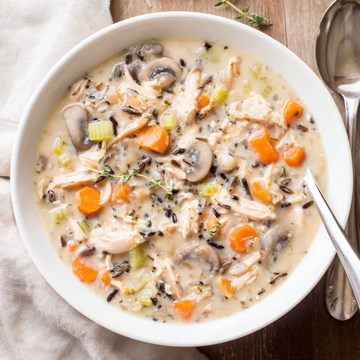 Steaming bowl of creamy slow cooker chicken mushroom wild rice soup with shredded chicken