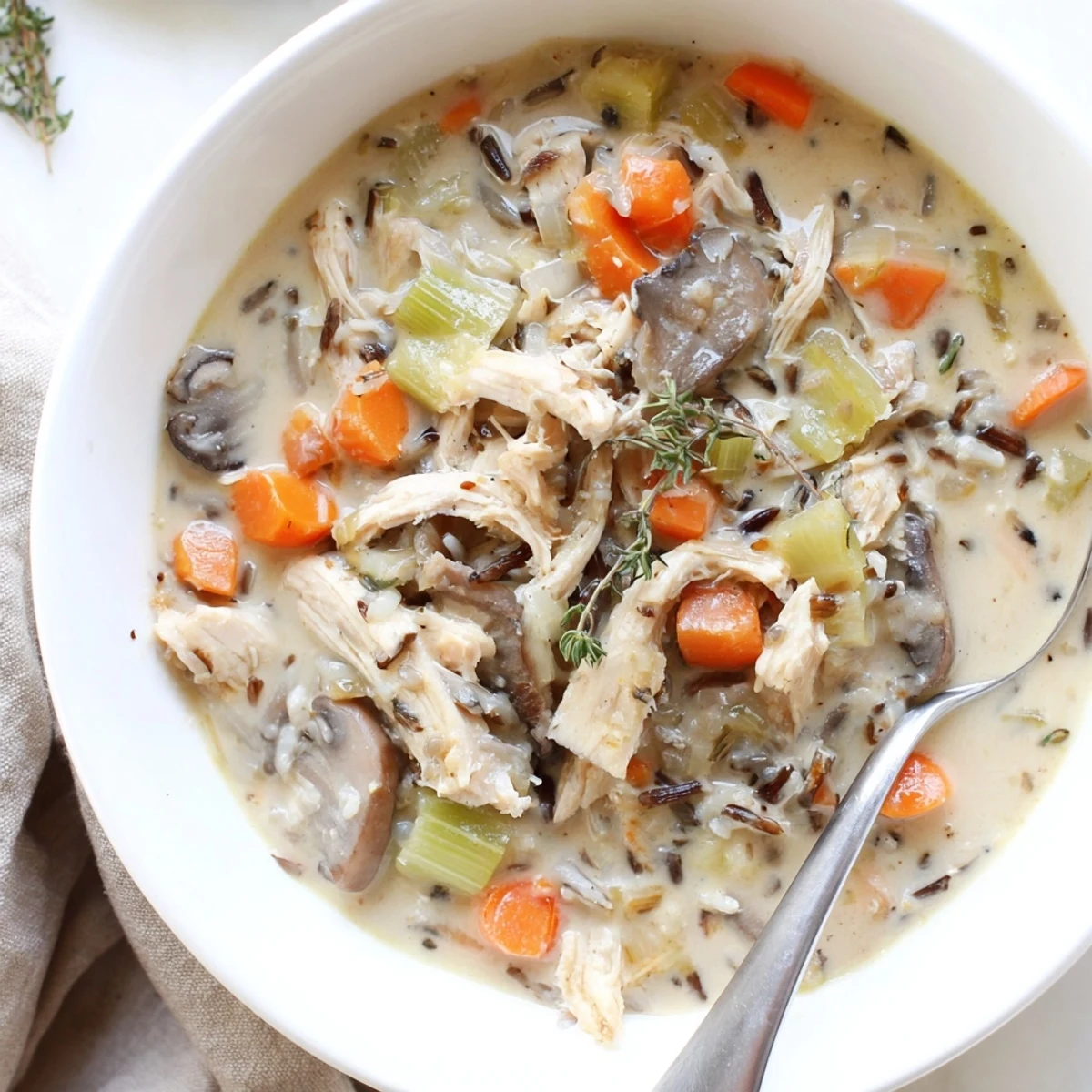 Hearty creamy slow cooker chicken mushroom wild rice soup ladled into a rustic bowl