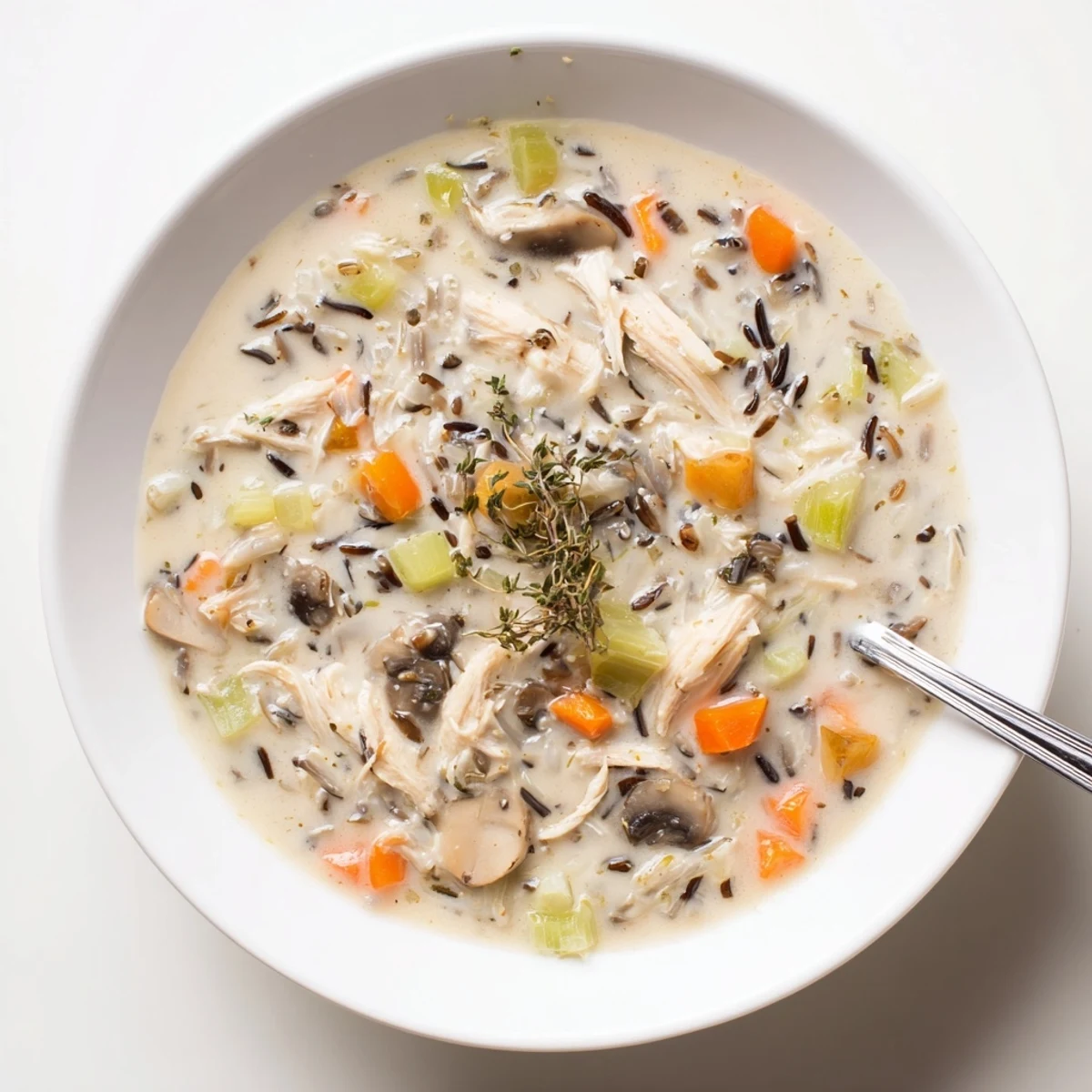 Golden creamy slow cooker chicken mushroom wild rice soup garnished with fresh thyme