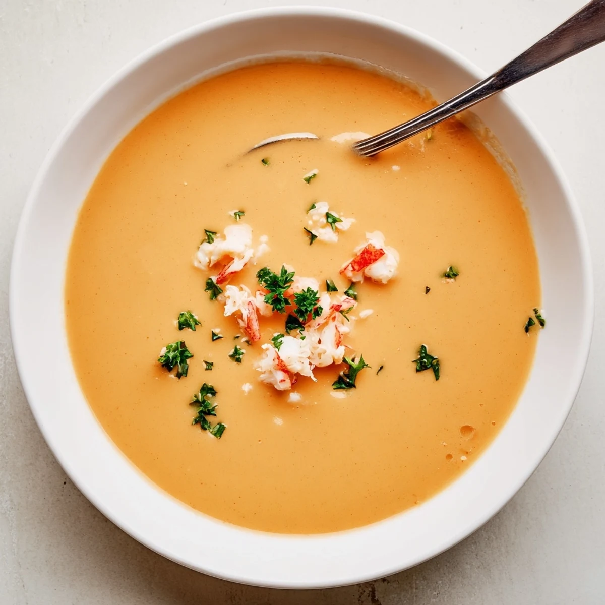 Steaming bowl of creamy crab and shrimp bisque garnished with fresh parsley