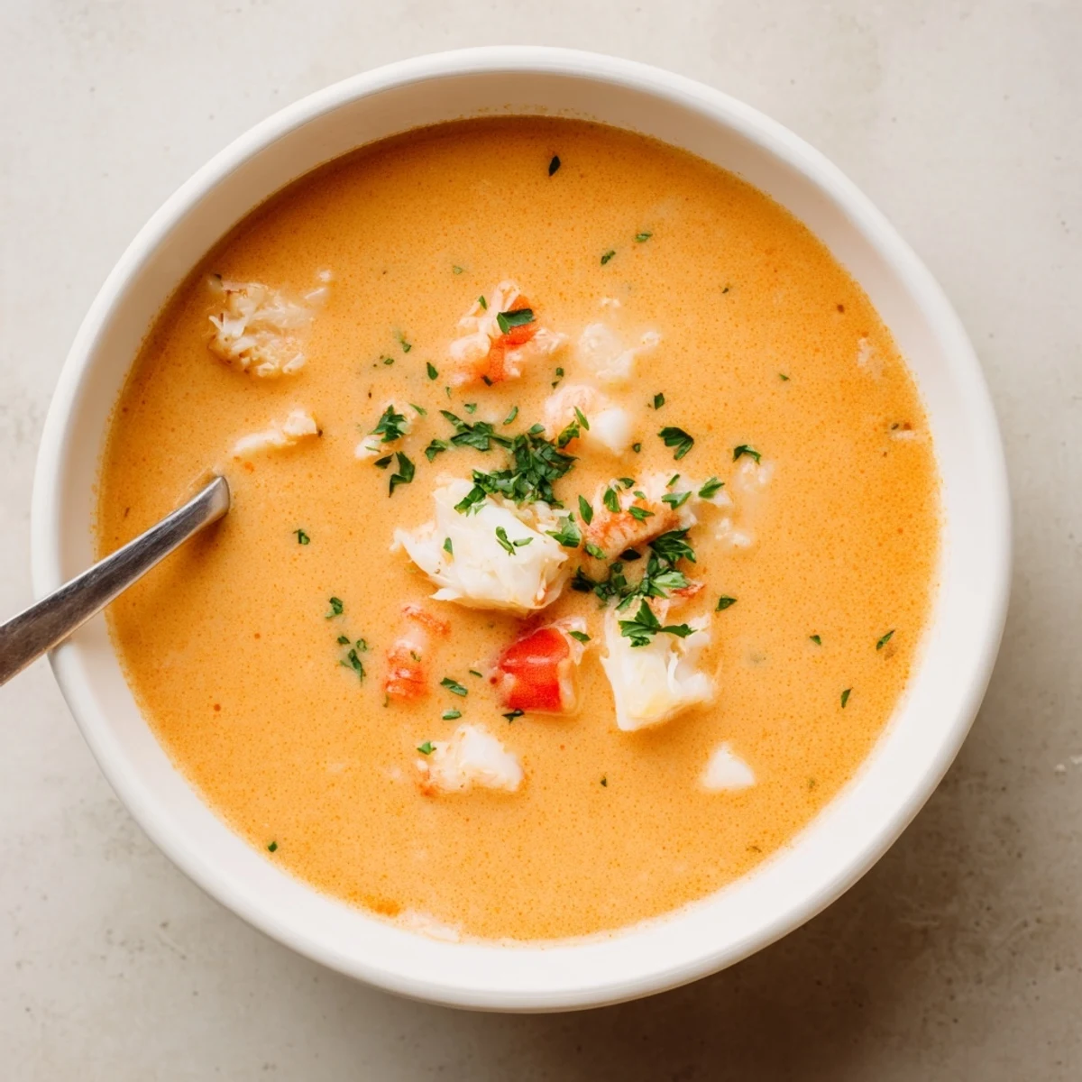Velvety crab and shrimp bisque ladled into a white bowl with lemon wedge