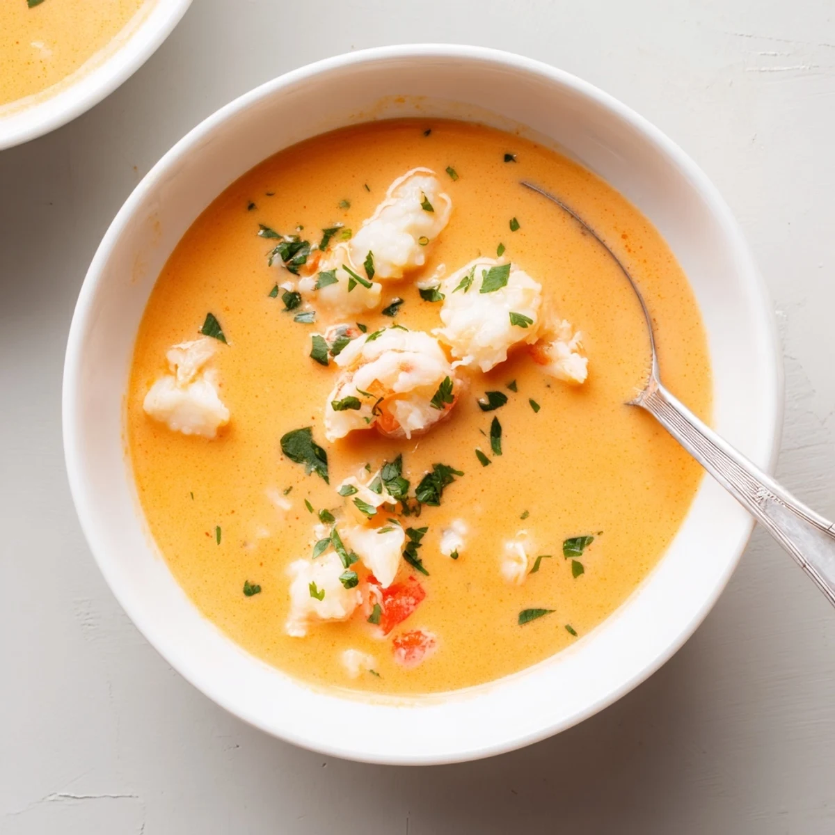 Golden creamy crab and shrimp bisque swirled with cream and parsley sprinkles