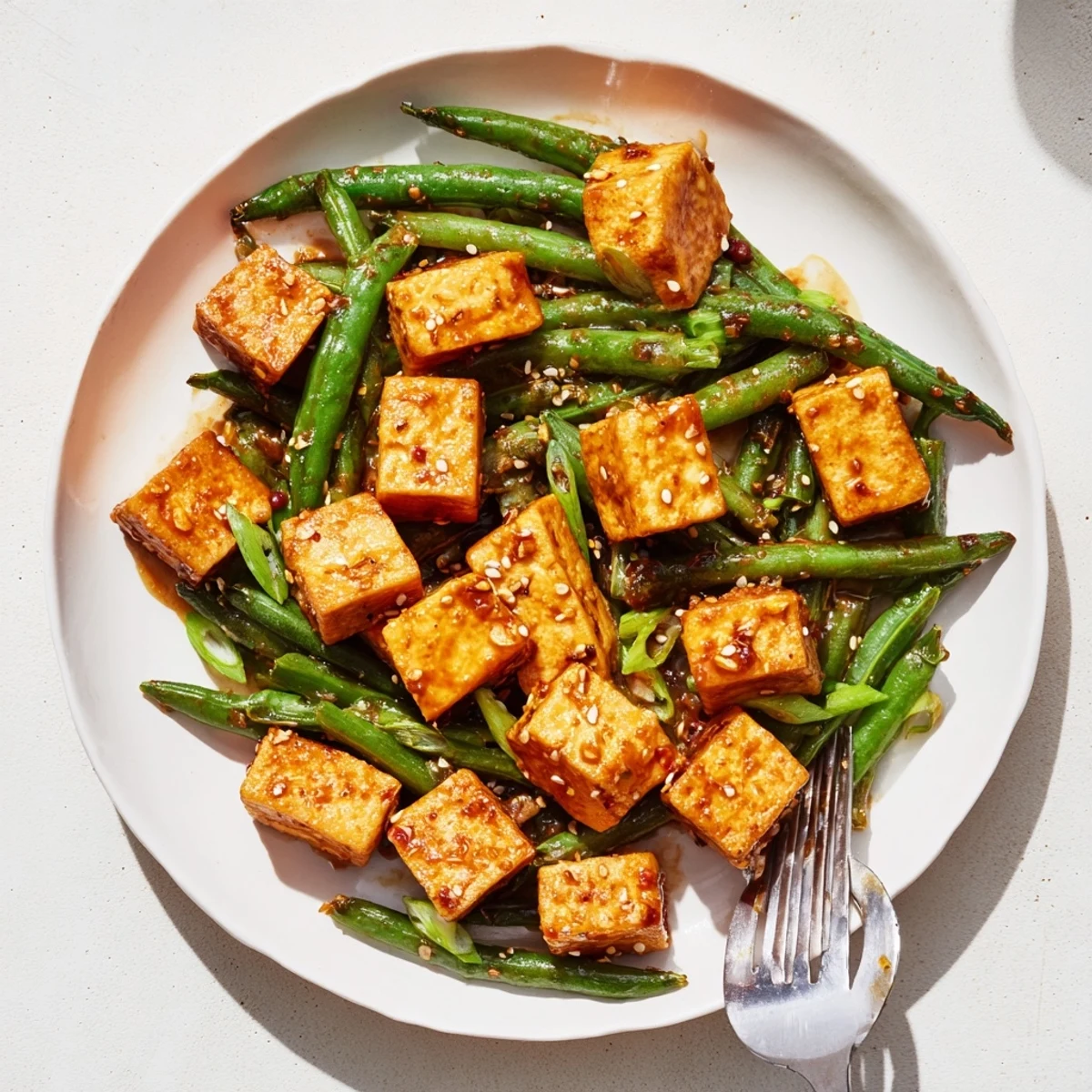 Golden crispy black pepper tofu served with tender green beans in a glossy peppery sauce