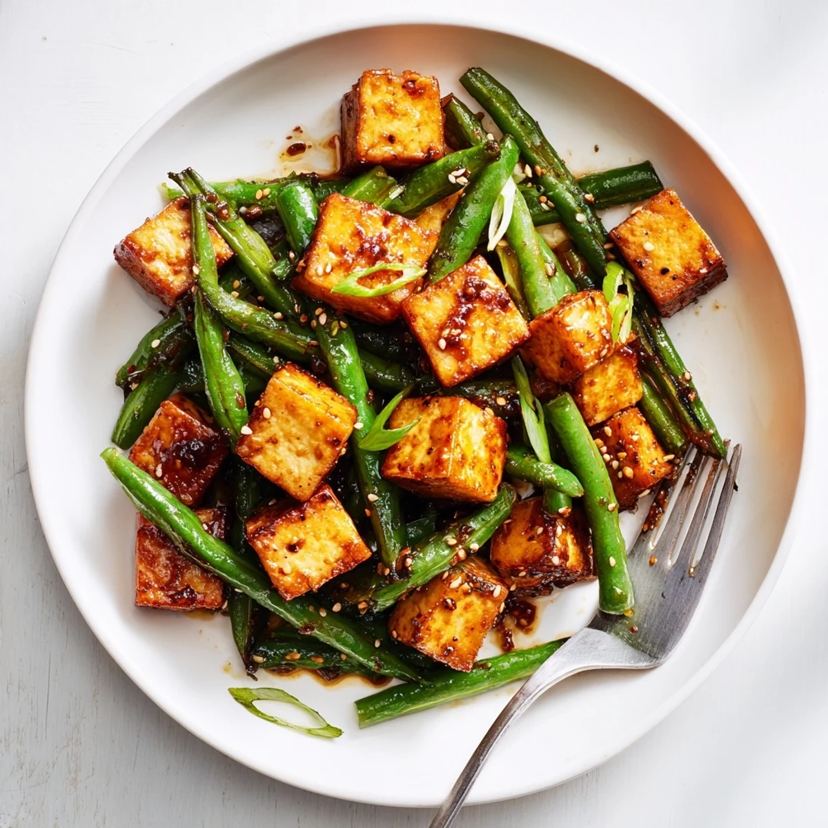 Wok-fried black pepper tofu and crisp green beans garnished with sesame seeds over steamed rice