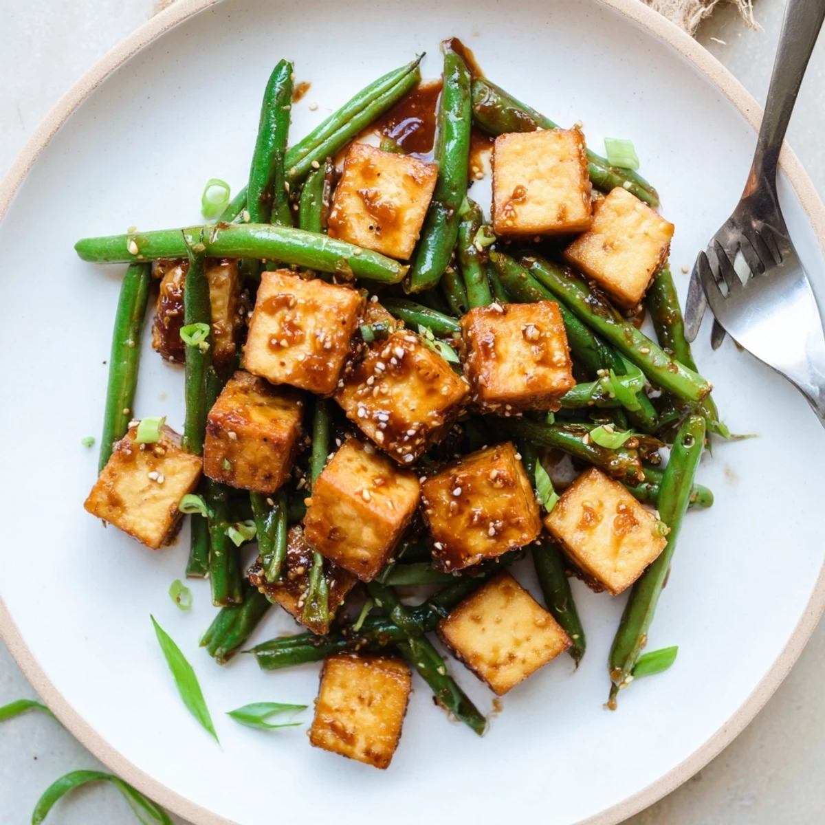 Vegan black pepper tofu tossed with bright green beans in a bold savory glaze