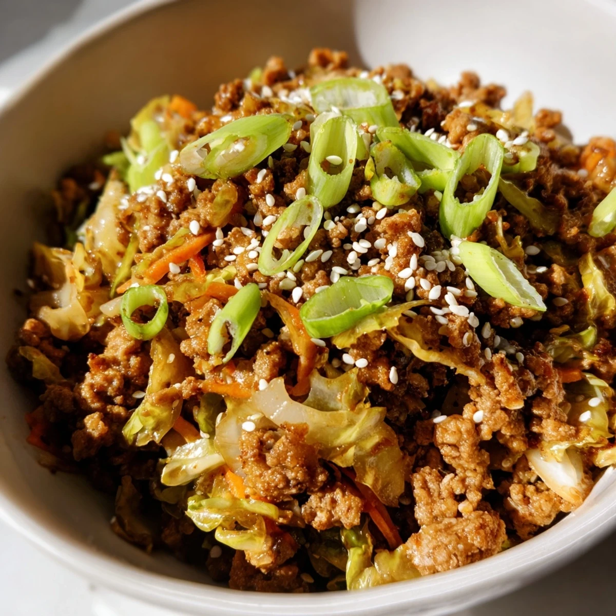 Steamy keto egg roll in a bowl topped with sesame seeds and green onions