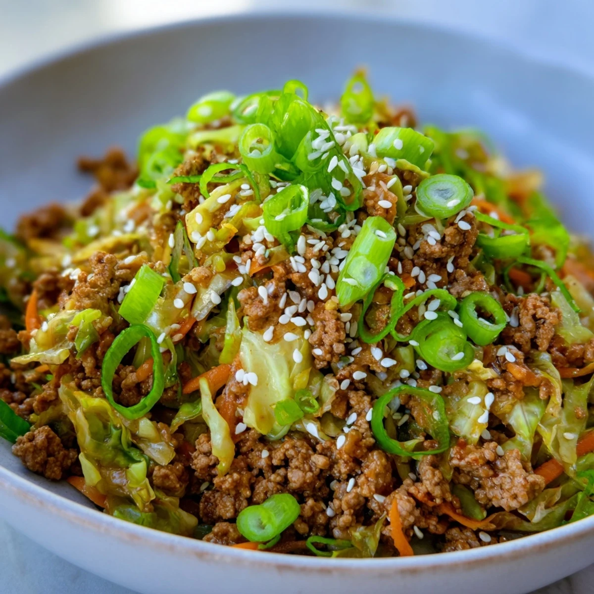 Savory keto egg roll in a bowl served hot with shredded carrots and pork