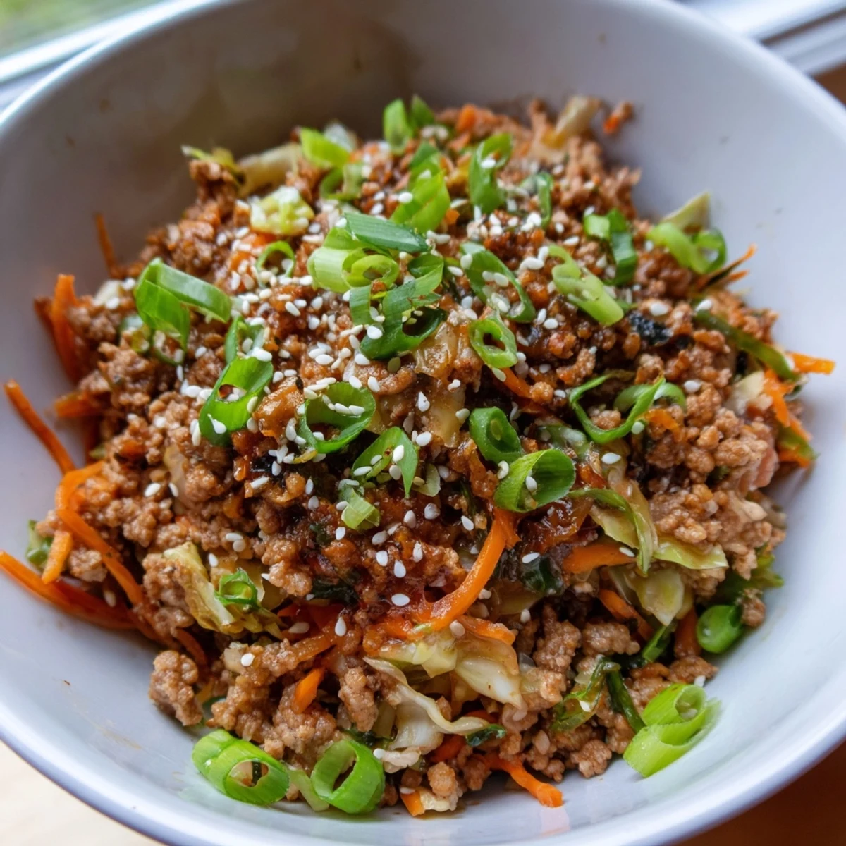 Golden ground pork and tender cabbage in a low carb egg roll in a bowl