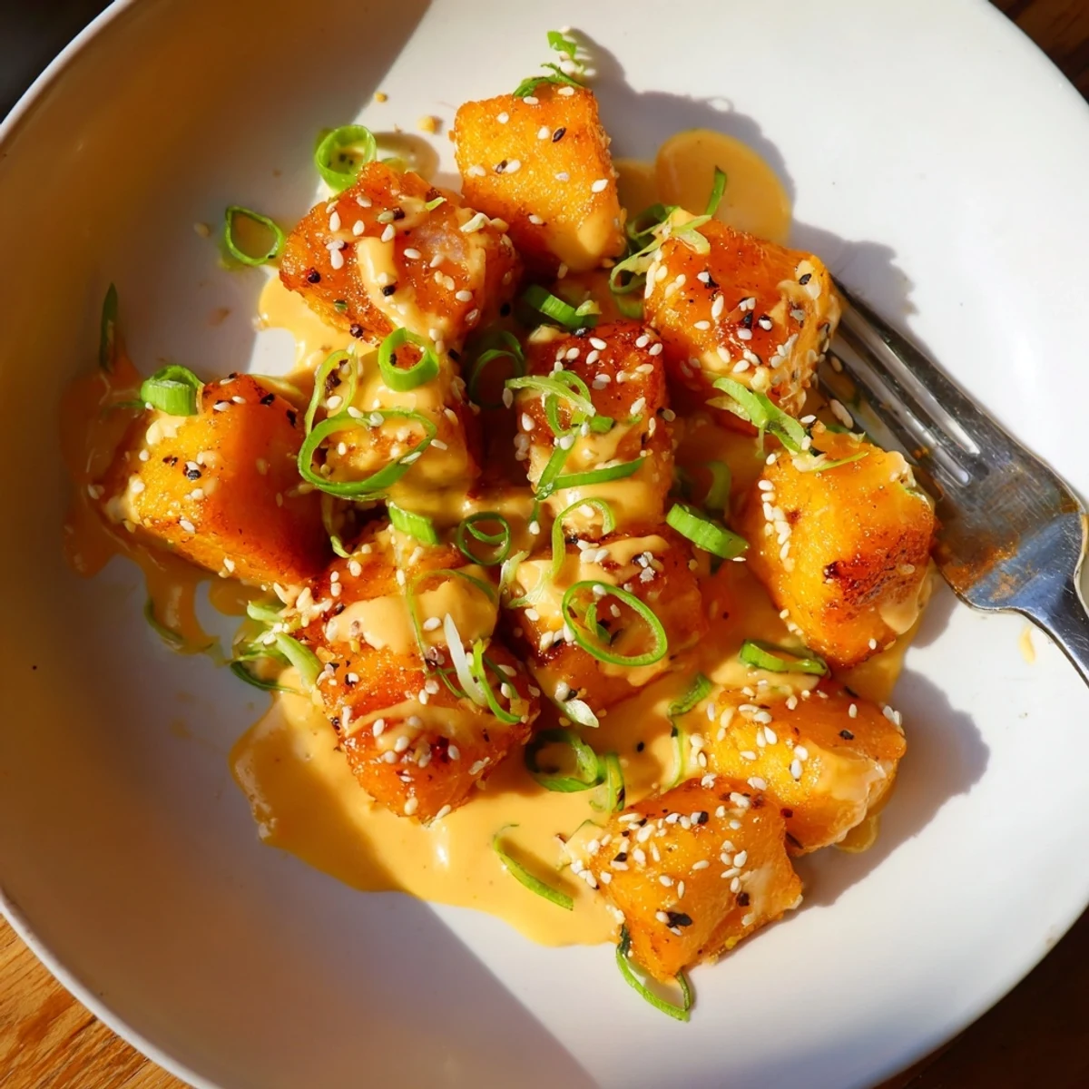 Crispy Bang Bang Salmon Bites tossed in creamy spicy sauce, garnished green onions