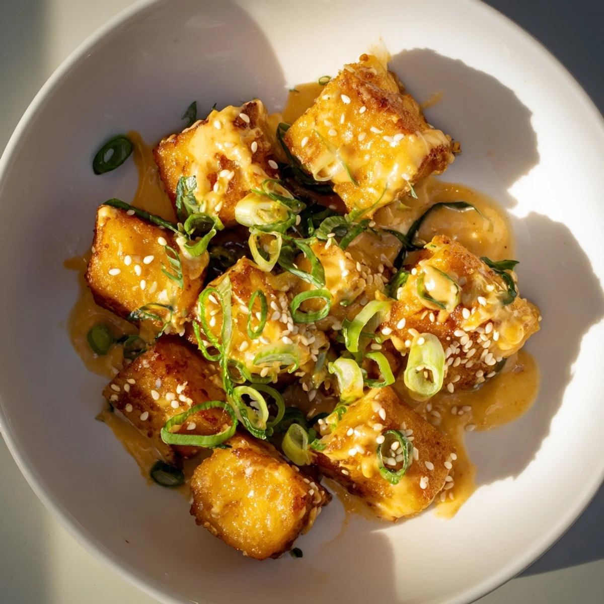 Pan fried Bang Bang Salmon Bites with golden crust, sticky sauce, sesame sprinkle