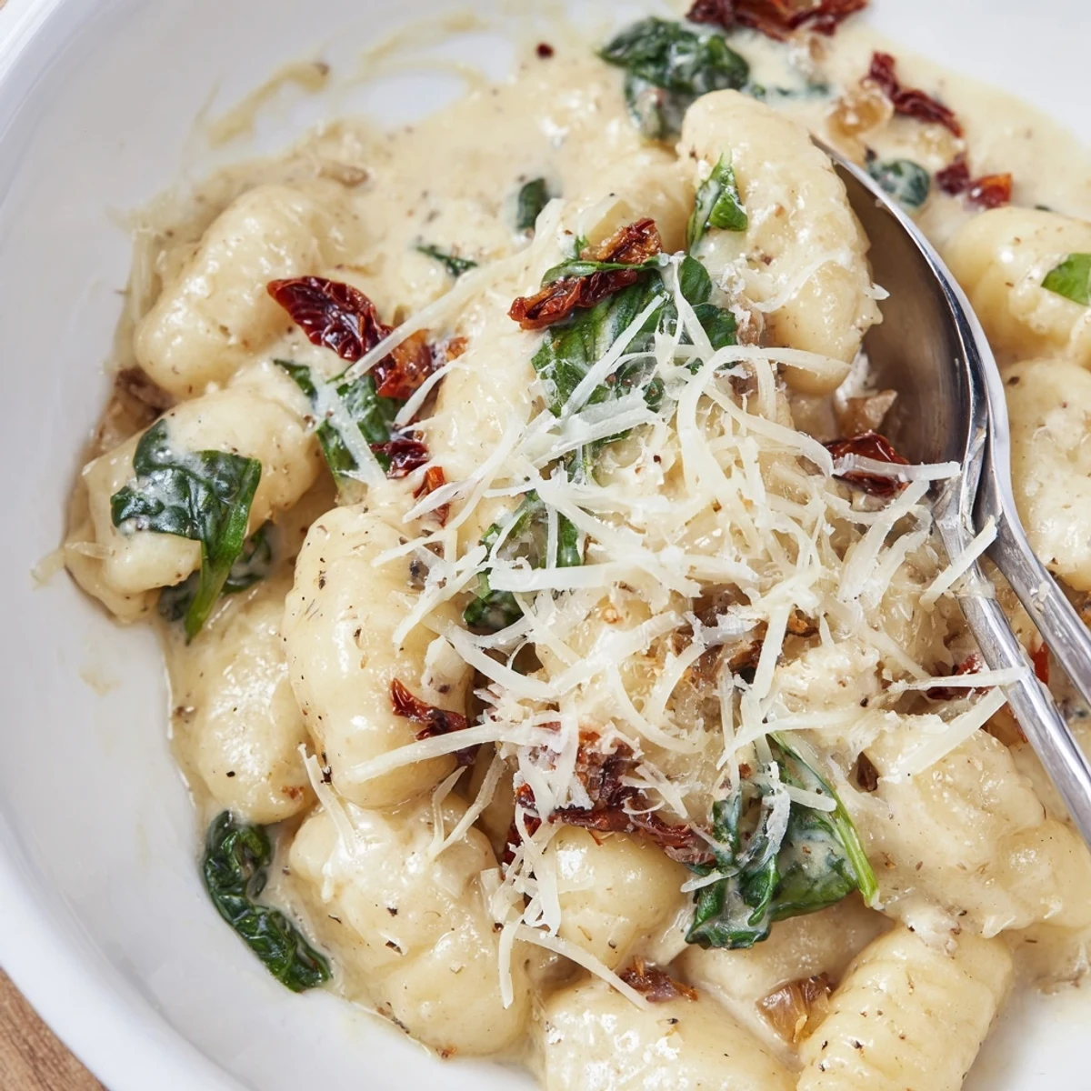 Weeknight Marry Me Gnocchi plated with wilted spinach, basil, and crusty bread
