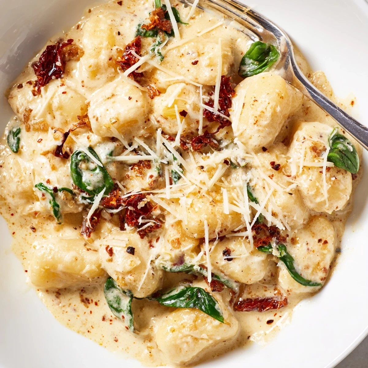 Steaming Marry Me Gnocchi tossed in velvety cream sauce, topped with Parmesan  