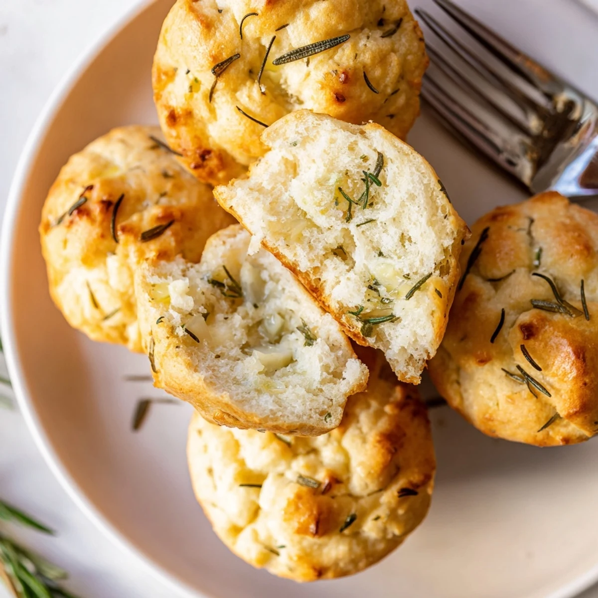 A plate of Garlic Rosemary Focaccia Muffins brushed with olive oil, flaky salt