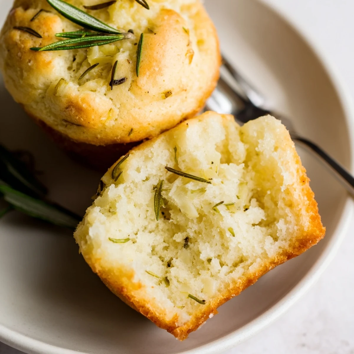 Garlic Rosemary Focaccia Muffins served warm beside tomato soup, tender, airy crumb