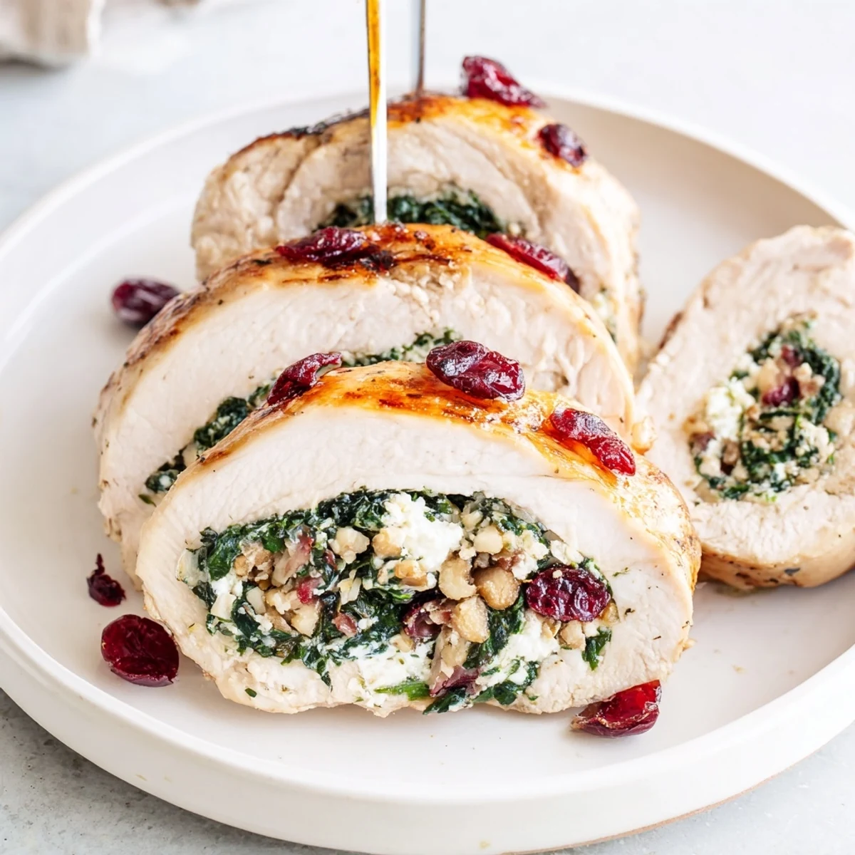 Golden-baked Cranberry Spinach Stuffed Chicken Breasts steaming, juicy filling of creamy cheese
