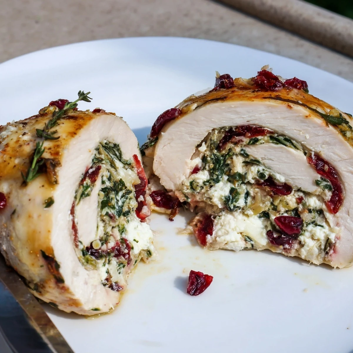 Holiday-style Cranberry Spinach Stuffed Chicken Breasts served with wild rice and roasted vegetables